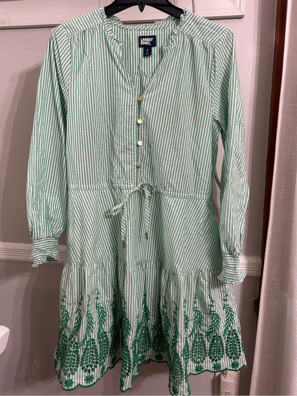 Lands' End Mint Green and White Striped Embroidered Tiered Dress